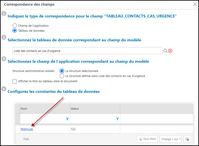 Définir une correspondance pour un tableau de données