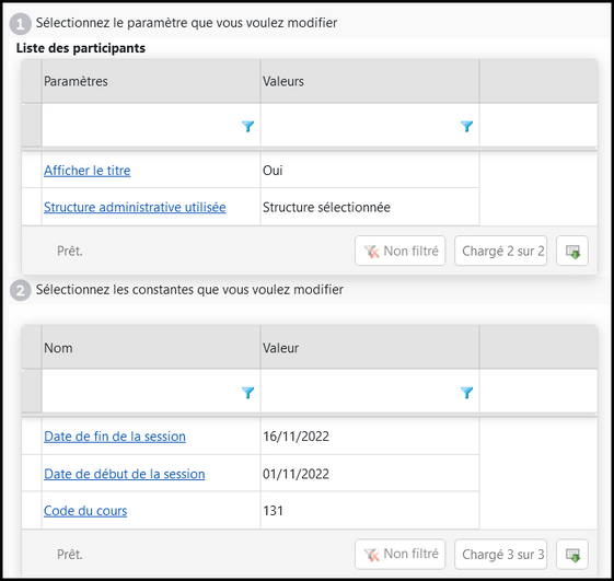 Écran de configuration du tableau de données
