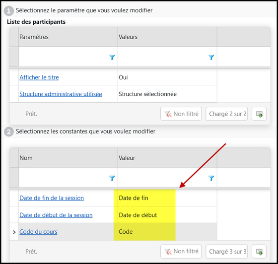Écran de configuration du tableau de données